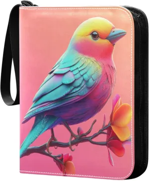 Colorful Bird on Branch Cards Binder 4 Pocket Fits 400 Cards with 50 Removable Sleevesves, Trading Card Collector Zipper Album Holder Portable Card Games Display Storage Cases