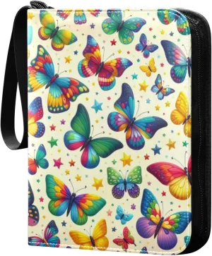 Colorful Butterflies Card Binder 4 Pocket Trading Card Album Fits 400 Sports/Game Cards, PU Cover 3 Ring Card Collection with 50 Removable Sleeves