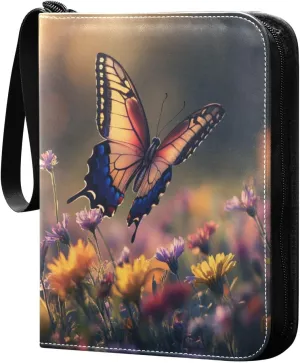 Colorful Butterfly Wildflowers Field Cards Binder 4 Pocket Fits 400 Cards with 50 Removable Sleevesves, Trading Card Collector Zipper Album Holder Portable Card Games Display Storage Cases