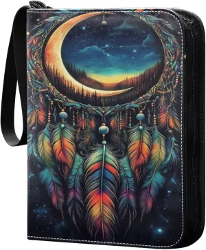 Colorful Dreamcatcher Feathers Cards Binder 4 Pocket Fits 400 Cards with 50 Removable Sleevesves, Trading Card Collector Zipper Album Holder Portable Card Games Display Storage Cases