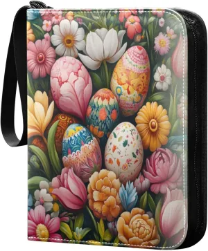 Colorful Easter Eggs and Flowers Cards Binder 4 Pocket Fits 400 Cards with 50 Removable Sleevesves, Trading Card Collector Zipper Album Holder Portable Card Games Display Storage Cases