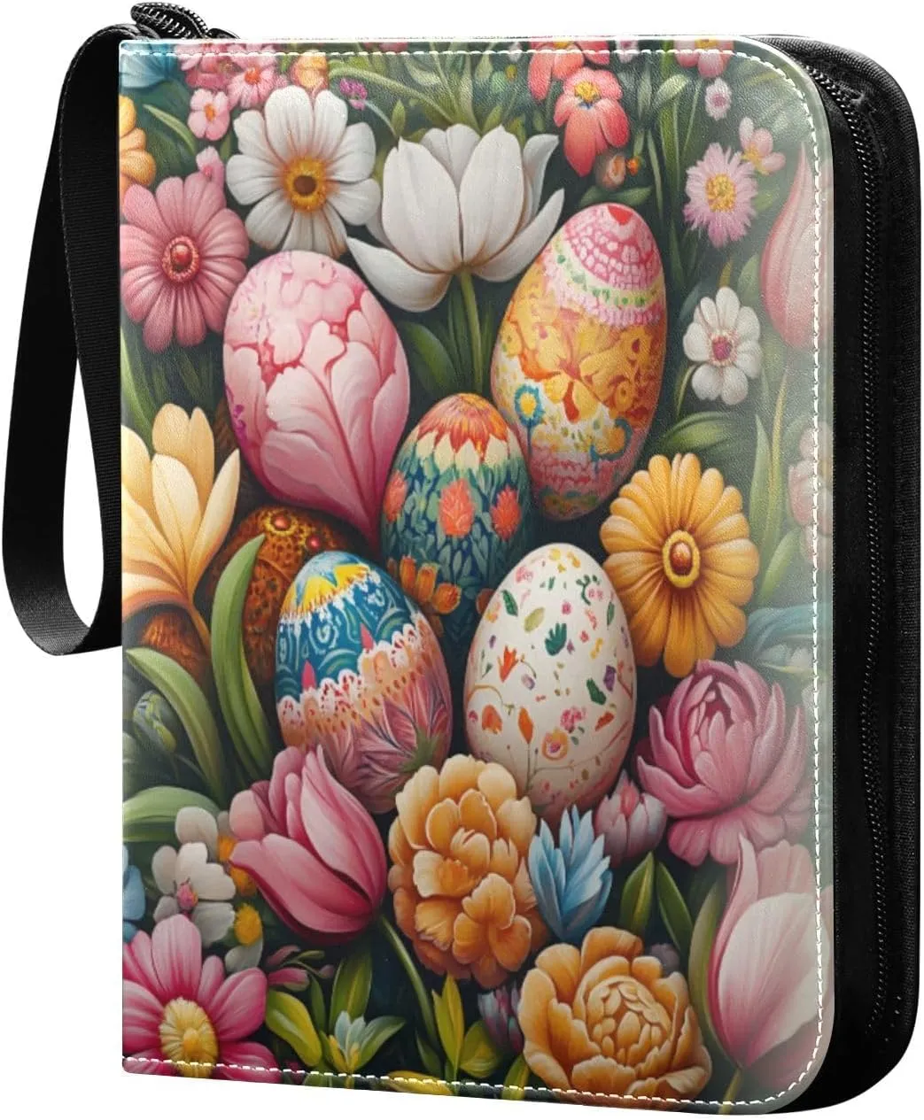 Colorful Easter Eggs and Flowers Cards Binder 4 Pocket Fits 400 Cards with 50 Removable Sleevesves, Trading Card Collector Zipper Album Holder Portable Card Games Display Storage Cases