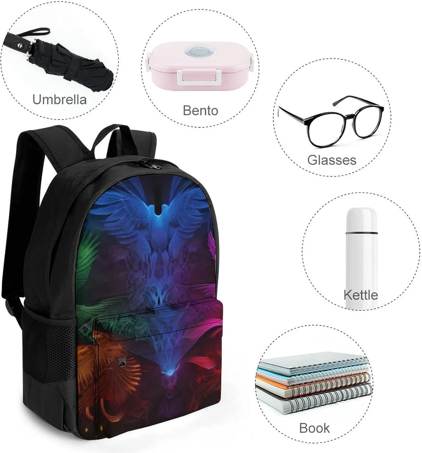 Colorful Fire Flame Phoenix Black Art Daypack Polyester Anti-Theft Multipurpose Bookbag Big Capacity Gym Outdoor Hiking Backpack With Adjustable Shoulder Straps