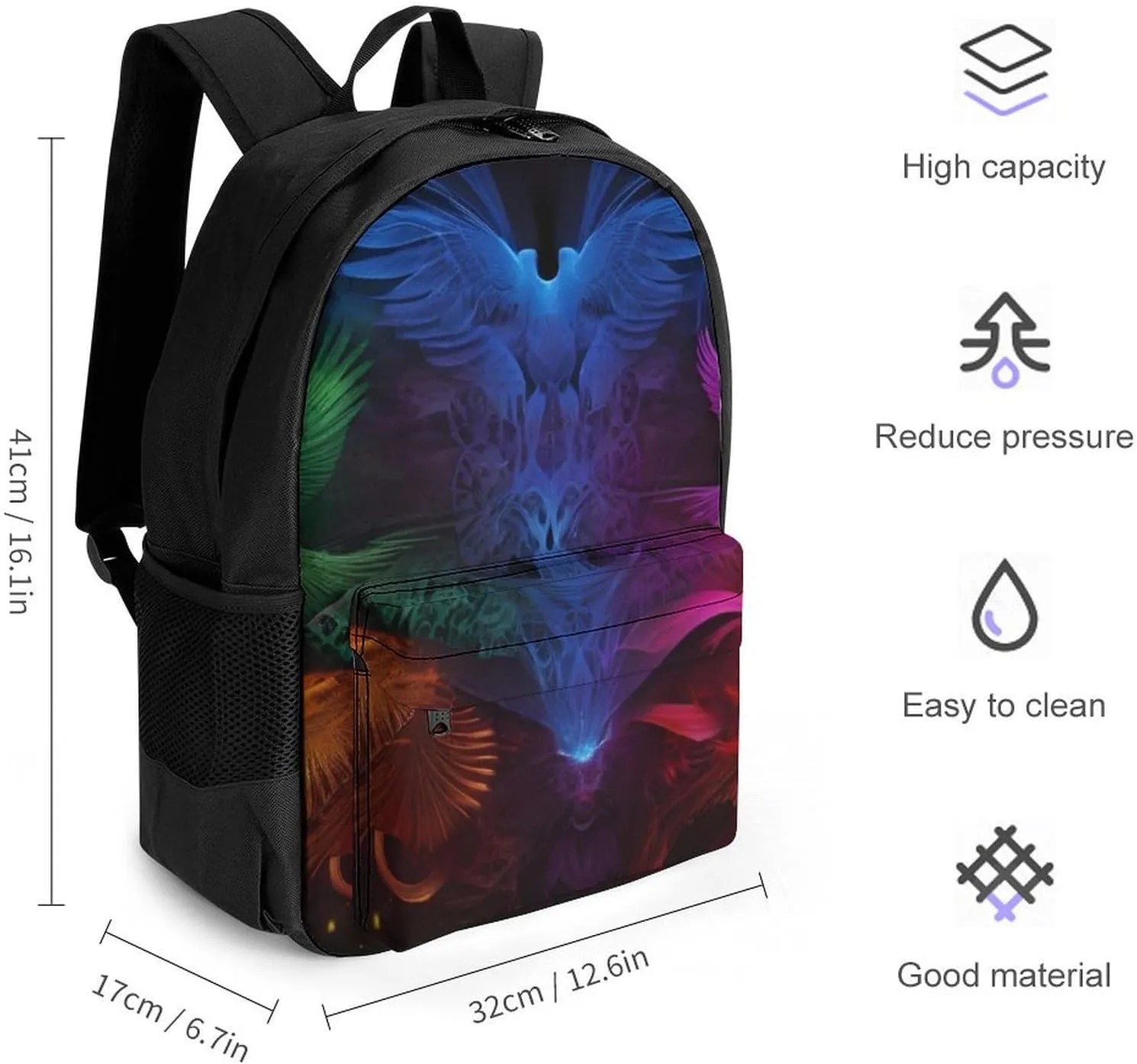 Colorful Fire Flame Phoenix Black Art Daypack Polyester Anti-Theft Multipurpose Bookbag Big Capacity Gym Outdoor Hiking Backpack With Adjustable Shoulder Straps