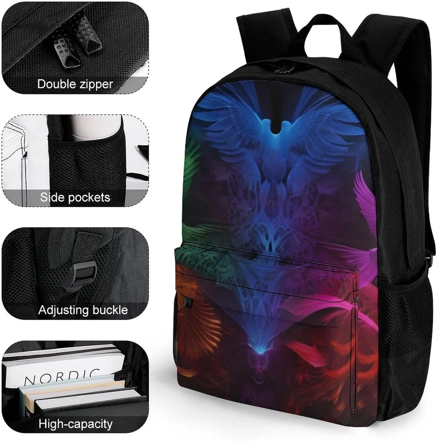 Colorful Fire Flame Phoenix Black Art Daypack Polyester Anti-Theft Multipurpose Bookbag Big Capacity Gym Outdoor Hiking Backpack With Adjustable Shoulder Straps