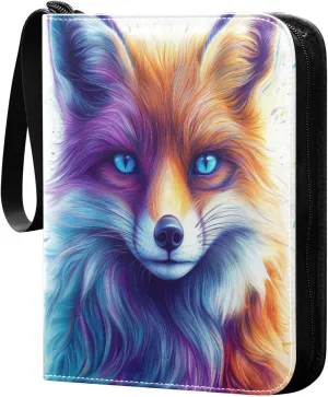 Colorful Fox Portrait Cards Binder 4 Pocket Fits 400 Cards with 50 Removable Sleevesves, Trading Card Collector Zipper Album Holder Portable Card Games Display Storage Cases