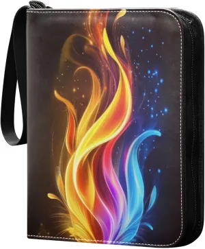 Colorful Glowing Flame Cards Binder 4 Pocket Fits 400 Cards with 50 Removable Sleevesves, Trading Card Collector Zipper Album Holder Portable Card Games Display Storage Cases