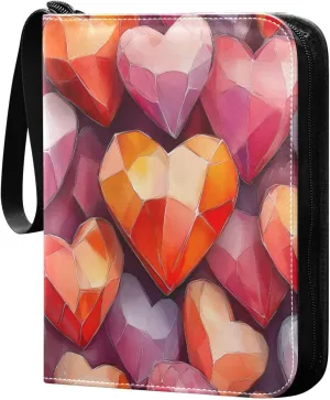 Colorful Heart Shaped Crystals Cards Binder 4 Pocket Fits 400 Cards with 50 Removable Sleevesves, Trading Card Collector Zipper Album Holder Portable Card Games Display Storage Cases