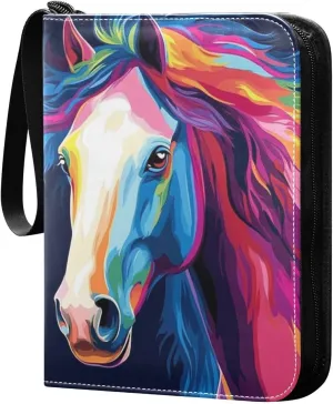 Colorful Horse Head Cards Binder 4 Pocket Fits 400 Cards with 50 Removable Sleevesves, Trading Card Collector Zipper Album Holder Portable Card Games Display Storage Cases