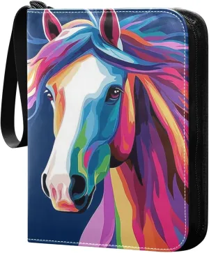 Colorful Horse with Flowing Mane Cards Binder 4 Pocket Fits 400 Cards with 50 Removable Sleevesves, Trading Card Collector Zipper Album Holder Portable Card Games Display Storage Cases
