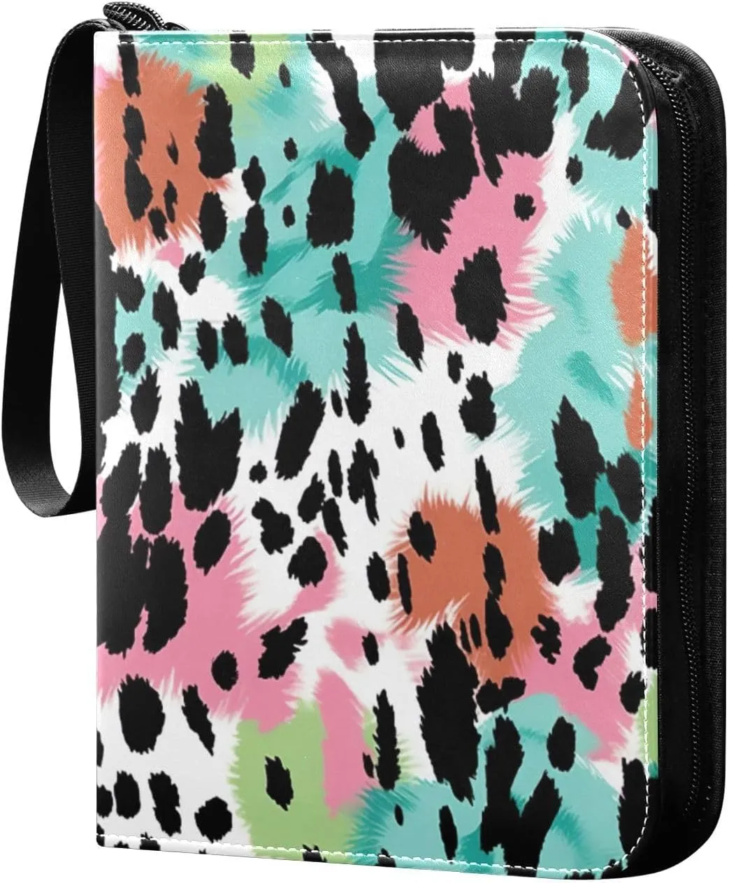 Colorful Leopard Card Binder 4 Pocket Trading Card Album Fits 400 Sports/Game Cards, PU Cover 3 Ring Card Collection with 50 Removable Sleeves