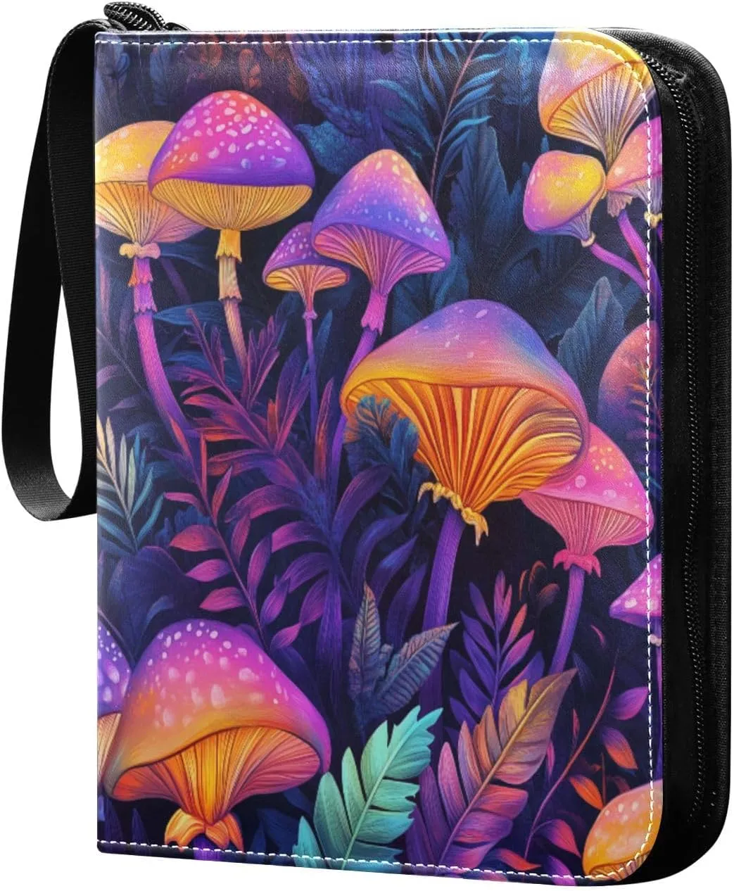Colorful Mushrooms Cards Binder 4 Pocket Fits 400 Cards with 50 Removable Sleevesves, Trading Card Collector Zipper Album Holder Portable Card Games Display Storage Cases
