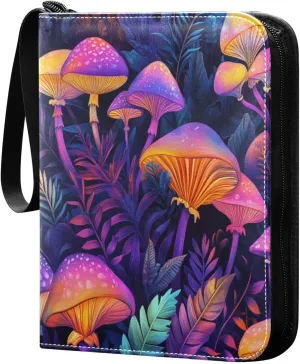 Colorful Mushrooms Cards Binder 4 Pocket Fits 400 Cards with 50 Removable Sleevesves, Trading Card Collector Zipper Album Holder Portable Card Games Display Storage Cases