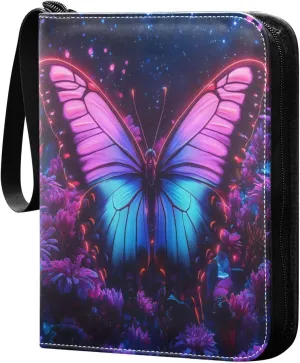 Colorful Neon-glowing Butterfly Cards Binder 4 Pocket Fits 400 Cards with 50 Removable Sleevesves, Trading Card Collector Zipper Album Holder Portable Card Games Display Storage Cases