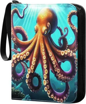 Colorful Octopus Swimming Cards Binder 4 Pocket Fits 400 Cards with 50 Removable Sleevesves, Trading Card Collector Zipper Album Holder Portable Card Games Display Storage Cases