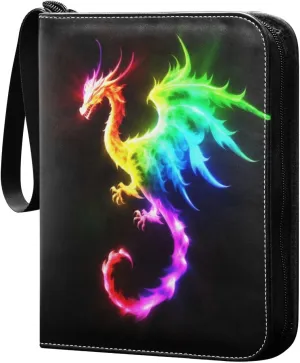 Colorful Rainbow Dragon Flying Cards Binder 4 Pocket Fits 400 Cards with 50 Removable Sleevesves, Trading Card Collector Zipper Album Holder Portable Card Games Display Storage Cases