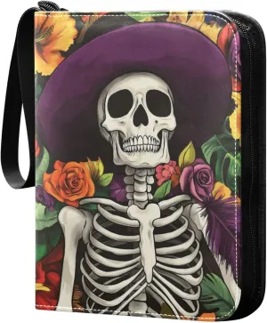 Colorful Skeleton Cards Binder 4 Pocket Fits 400 Cards with 50 Removable Sleevesves, Trading Card Collector Zipper Album Holder Portable Card Games Display Storage Cases