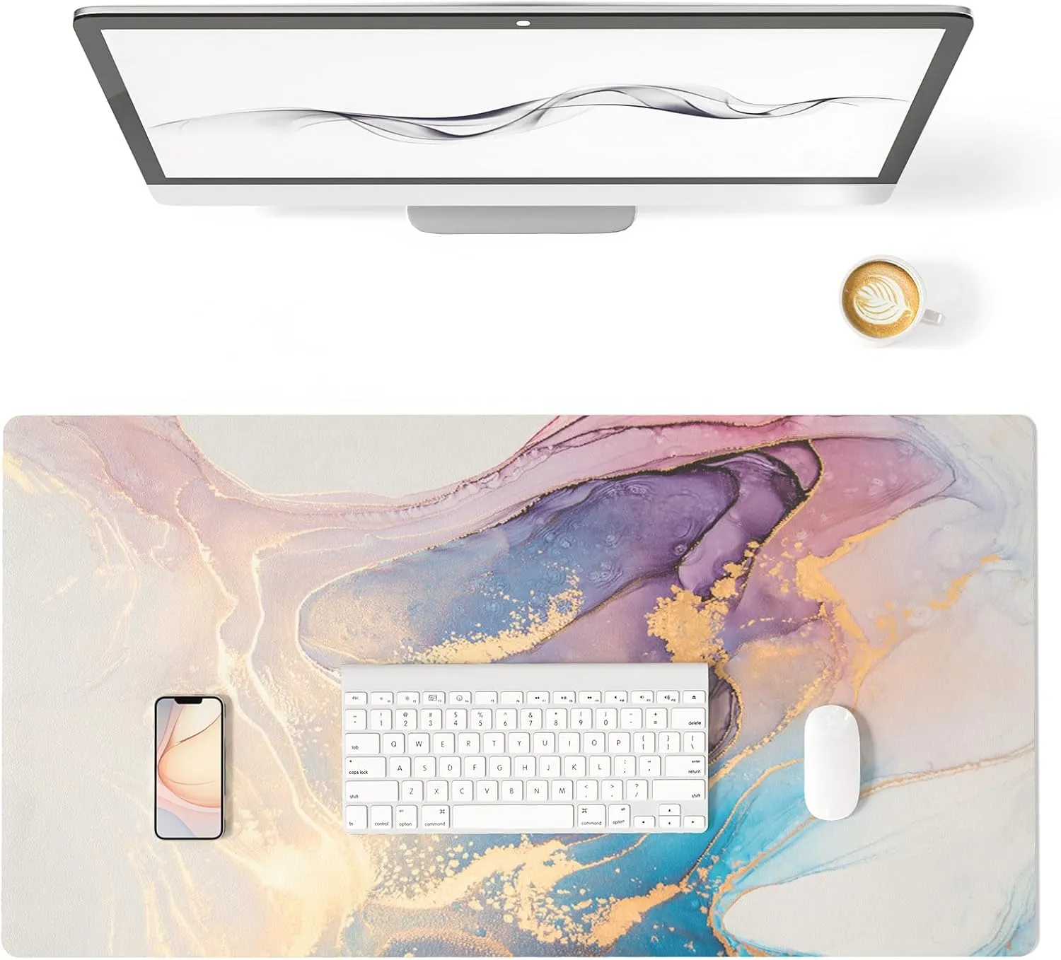 Colorful Star Waterproof Blue Purple Marble Desk Pad, Leather Desk Mat Large Keyboard and Gaming Mouse Pads for Office, Non-Slip Writing Pad Desk Accessories for Women Men 31.5"x15.7"