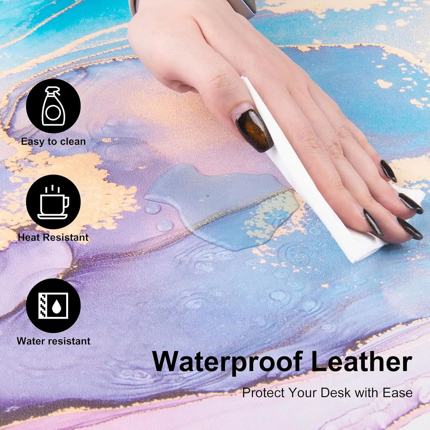 Colorful Star Waterproof Blue Purple Marble Desk Pad, Leather Desk Mat Large Keyboard and Gaming Mouse Pads for Office, Non-Slip Writing Pad Desk Accessories for Women Men 31.5"x15.7"