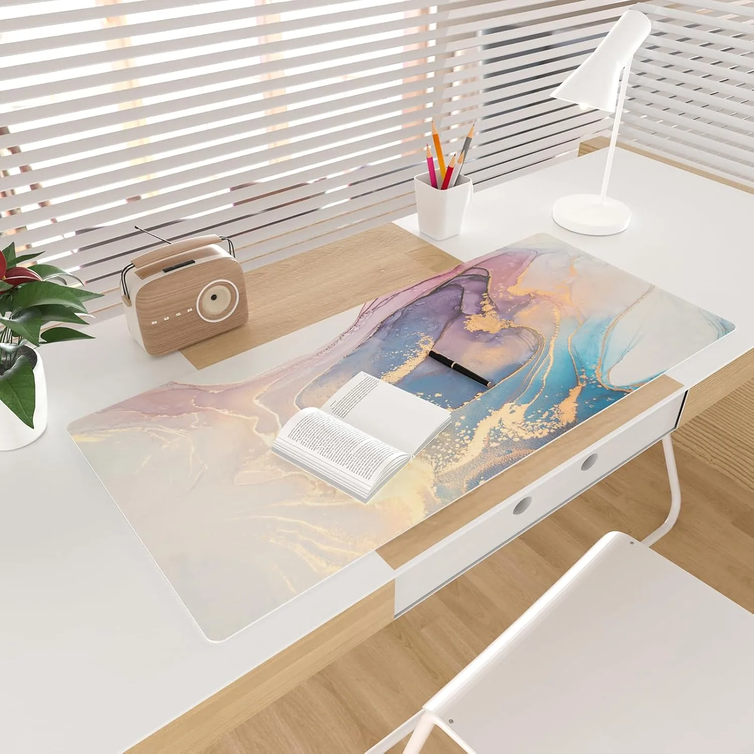 Colorful Star Waterproof Blue Purple Marble Desk Pad, Leather Desk Mat Large Keyboard and Gaming Mouse Pads for Office, Non-Slip Writing Pad Desk Accessories for Women Men 31.5"x15.7"