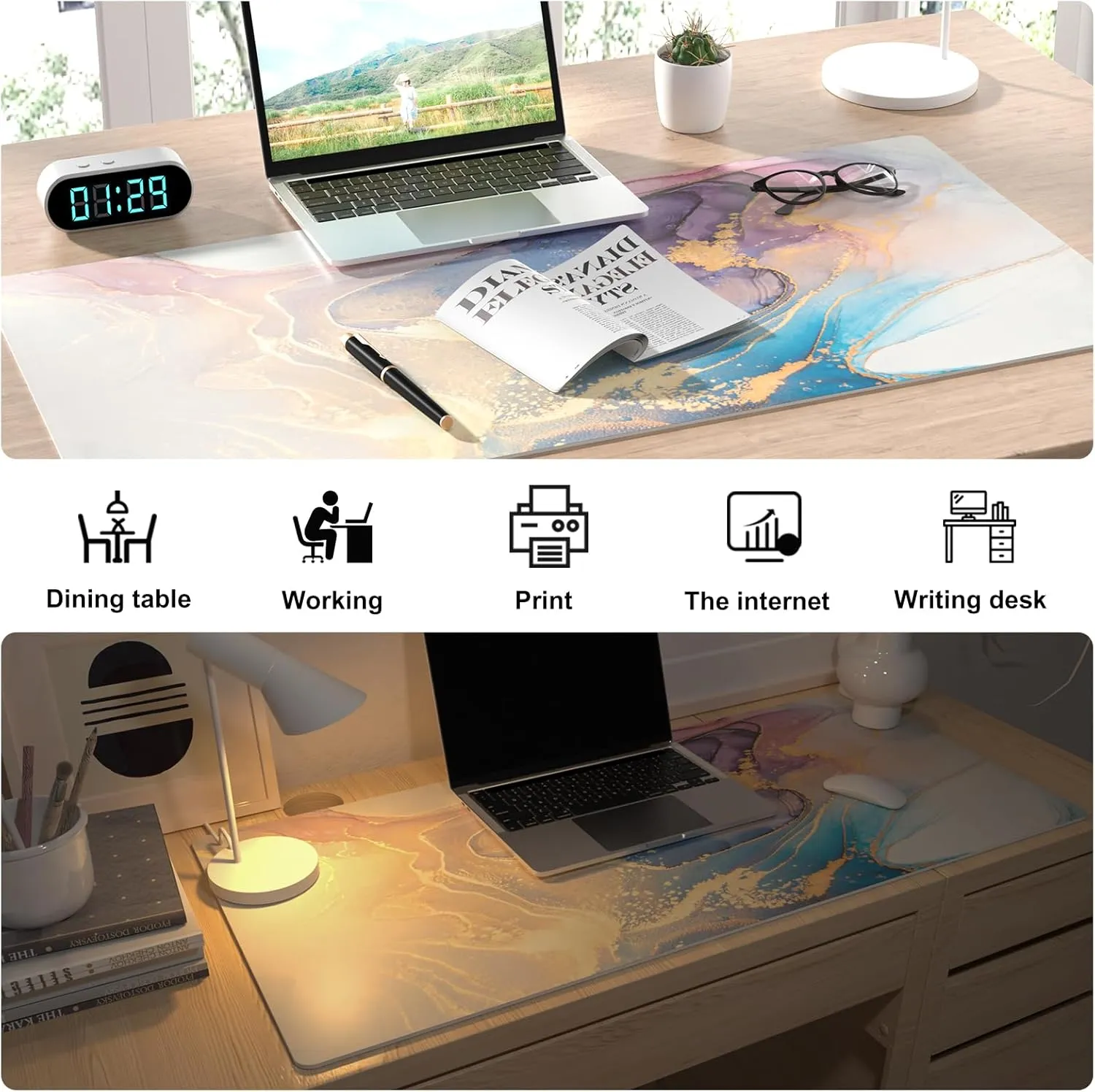 Colorful Star Waterproof Blue Purple Marble Desk Pad, Leather Desk Mat Large Keyboard and Gaming Mouse Pads for Office, Non-Slip Writing Pad Desk Accessories for Women Men 31.5"x15.7"
