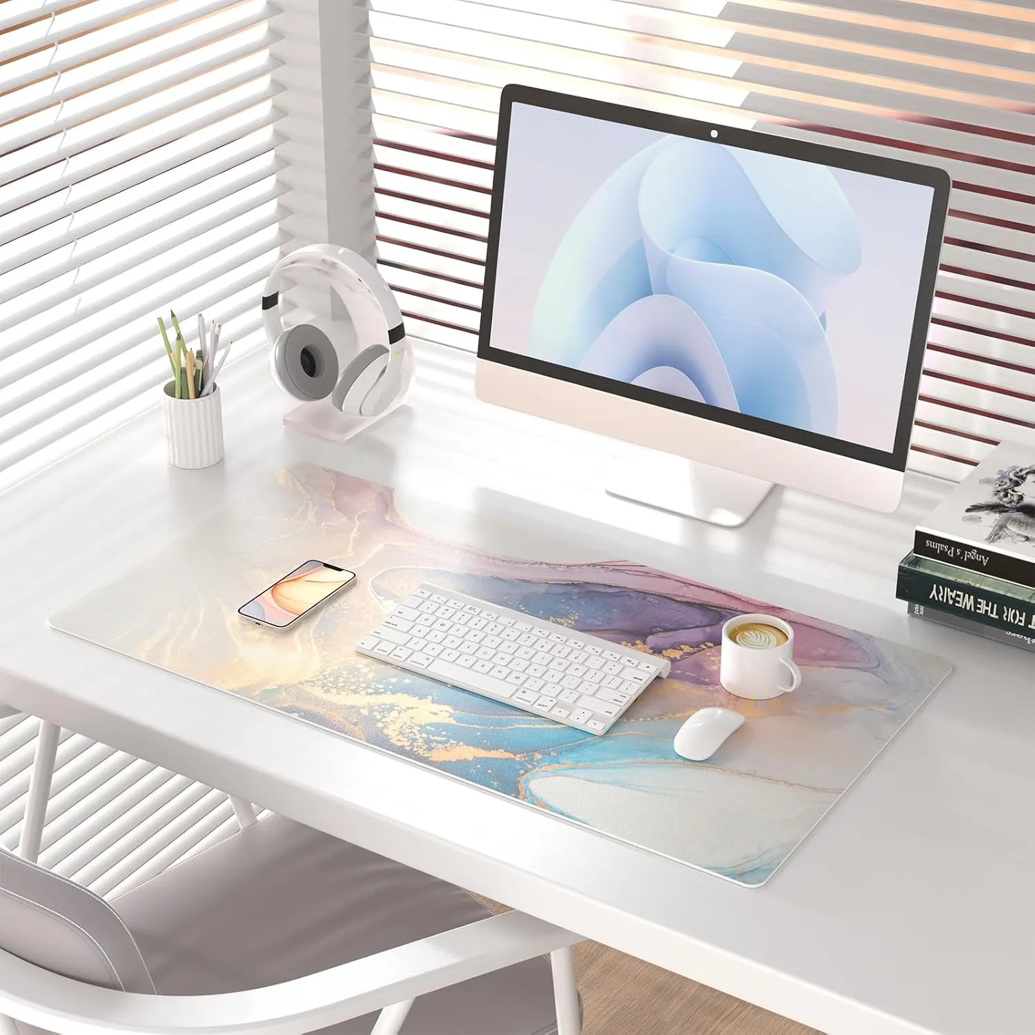 Colorful Star Waterproof Blue Purple Marble Desk Pad, Leather Desk Mat Large Keyboard and Gaming Mouse Pads for Office, Non-Slip Writing Pad Desk Accessories for Women Men 31.5"x15.7"
