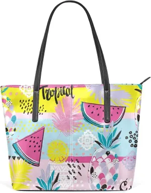 Colorful Tropics Tote Bag for Women Leather Shoulder Handbag with Zipper and Pockets Fashion Casual Handle Bag Purse for Travel Beach Working Laptop School Gym Shopping
