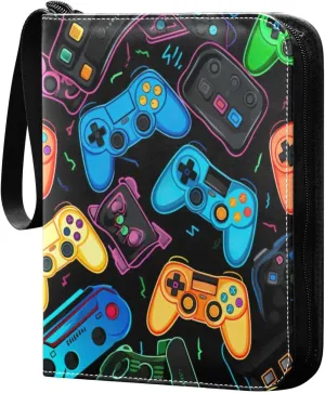 Colorful Video Game Controllers Card Binder 4 Pocket Trading Card Album Fits 400 Sports/Game Cards, PU Cover 3 Ring Card Collection with 50 Removable Sleeves