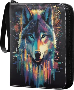 Colorful Wolf Face Fireworks Cards Binder 4 Pocket Fits 400 Cards with 50 Removable Sleevesves, Trading Card Collector Zipper Album Holder Portable Card Games Display Storage Cases