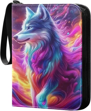 Colorful Wolf Swirling Flowing Cards Binder 4 Pocket Fits 400 Cards with 50 Removable Sleevesves, Trading Card Collector Zipper Album Holder Portable Card Games Display Storage Cases