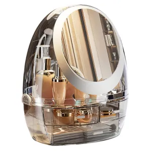 Comestic Display Case with LED Light Clear Acrylic Cosmetics Organizer Countertop Makeup Organizer with Mirror, Touch Control LED Lights, Waterproof Dust-proof A