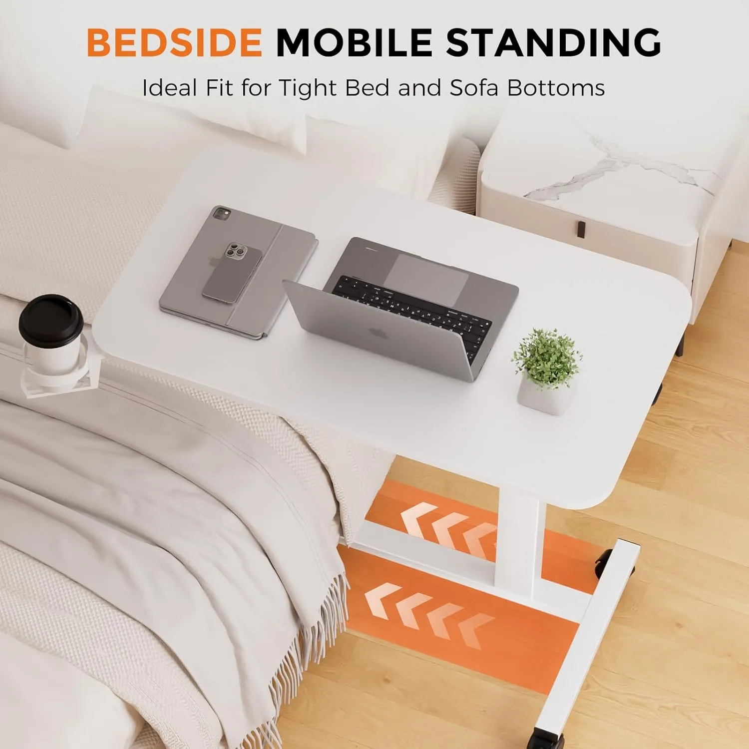 COMHOMA Adjustable Overbed Bedside Table with Lockable Wheels, Pneumatic Mobile Standing Laptop Desk, Small Standing Desk Portable Rolling Overbed Table Hospital Home Use(32" W x 18" D, White)
