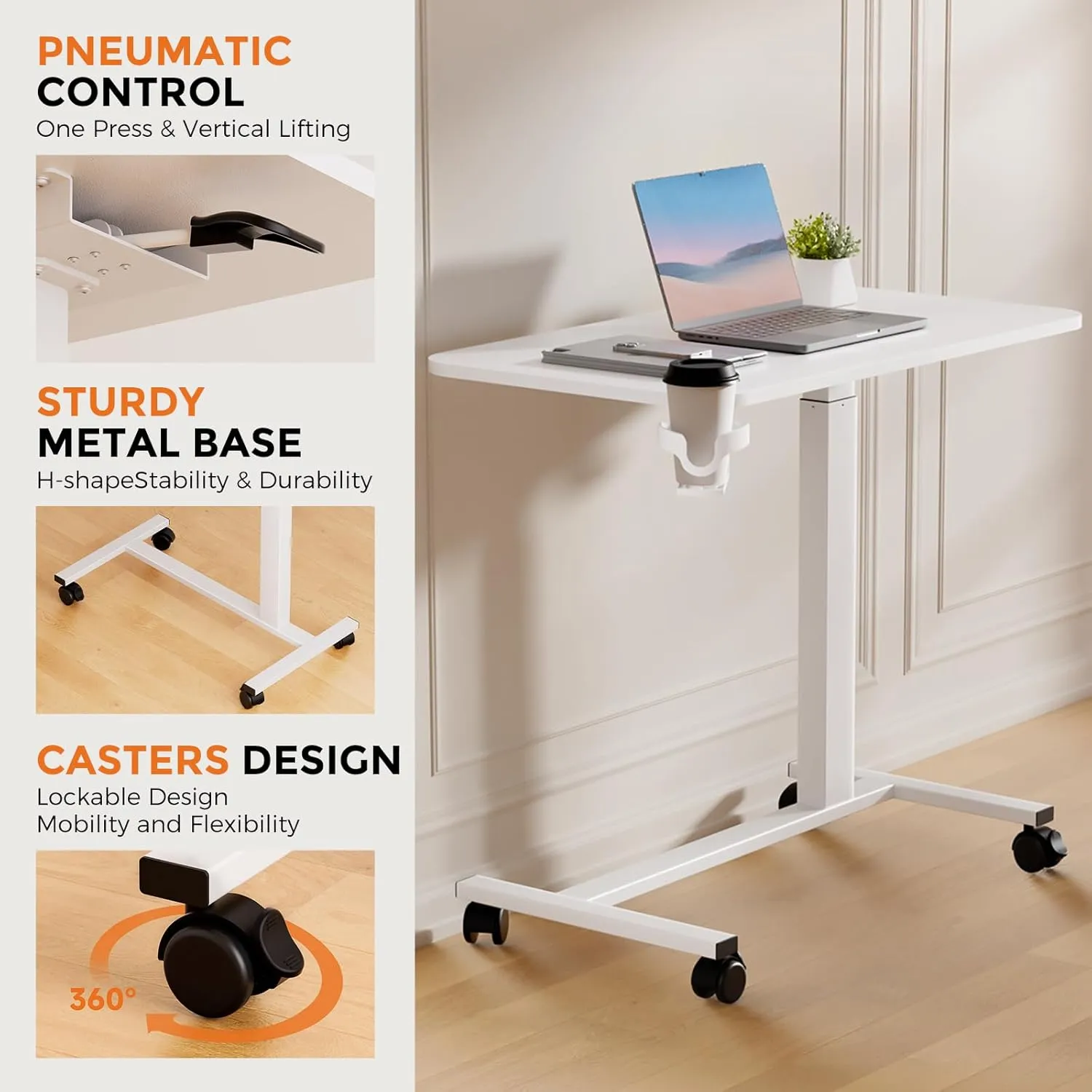 COMHOMA Adjustable Overbed Bedside Table with Lockable Wheels, Pneumatic Mobile Standing Laptop Desk, Small Standing Desk Portable Rolling Overbed Table Hospital Home Use(32" W x 18" D, White)