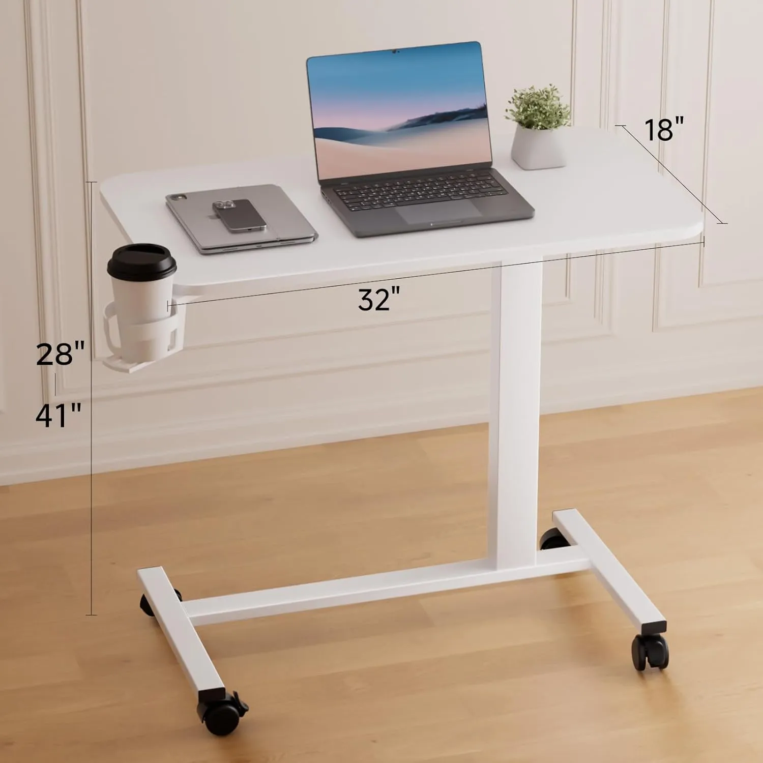 COMHOMA Adjustable Overbed Bedside Table with Lockable Wheels, Pneumatic Mobile Standing Laptop Desk, Small Standing Desk Portable Rolling Overbed Table Hospital Home Use(32" W x 18" D, White)