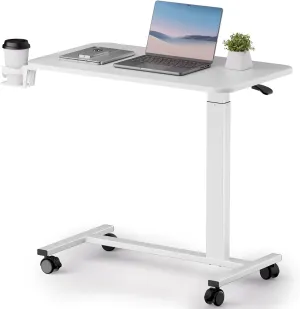COMHOMA Adjustable Overbed Bedside Table with Lockable Wheels, Pneumatic Mobile Standing Laptop Desk, Small Standing Desk Portable Rolling Overbed Table Hospital Home Use(32" W x 18" D, White)