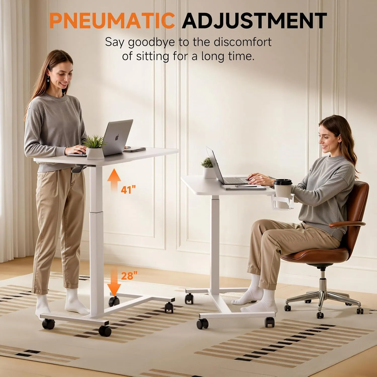 COMHOMA Adjustable Overbed Bedside Table with Lockable Wheels, Pneumatic Mobile Standing Laptop Desk, Small Standing Desk Portable Rolling Overbed Table Hospital Home Use(32" W x 18" D, White)