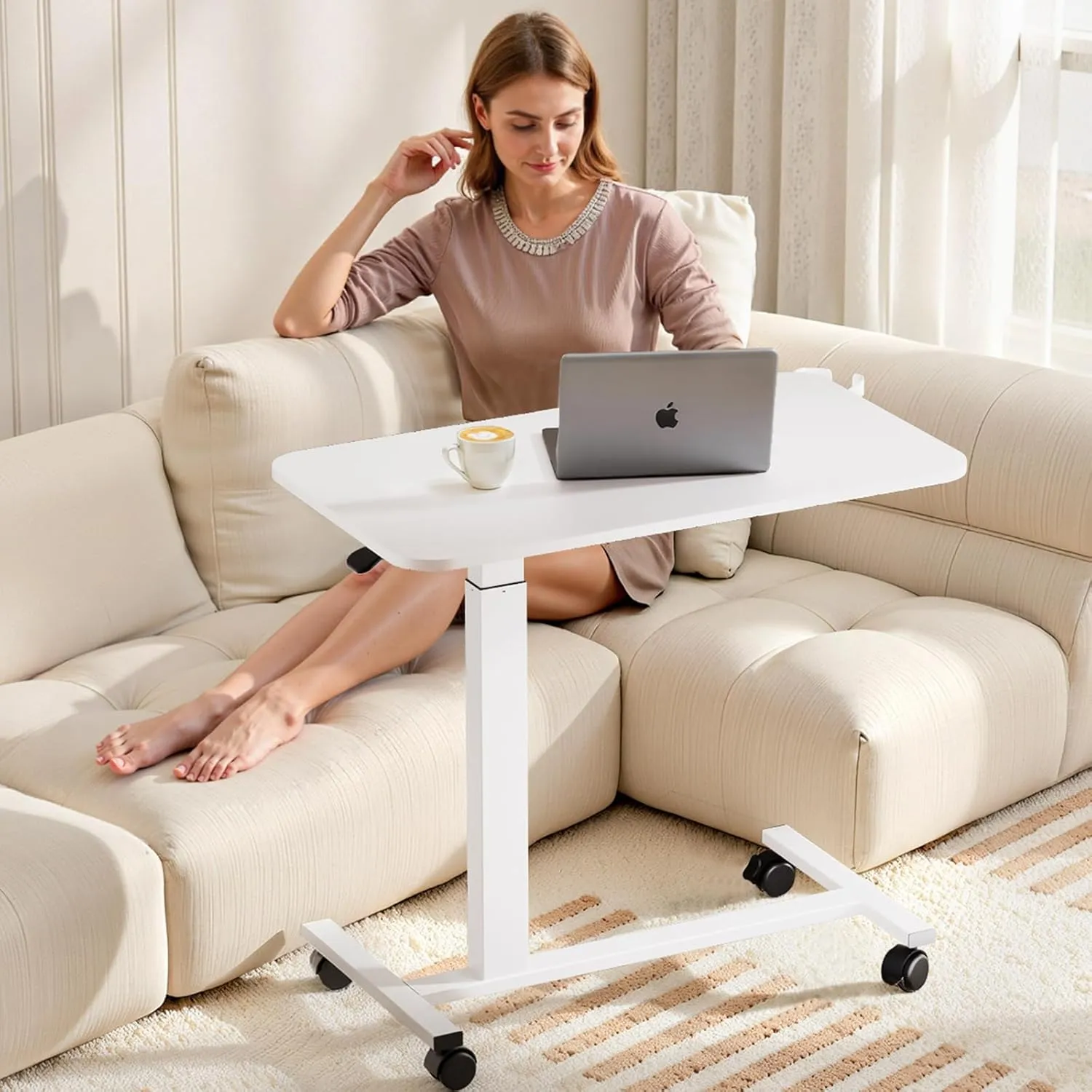 COMHOMA Adjustable Overbed Bedside Table with Lockable Wheels, Pneumatic Mobile Standing Laptop Desk, Small Standing Desk Portable Rolling Overbed Table Hospital Home Use(32" W x 18" D, White)