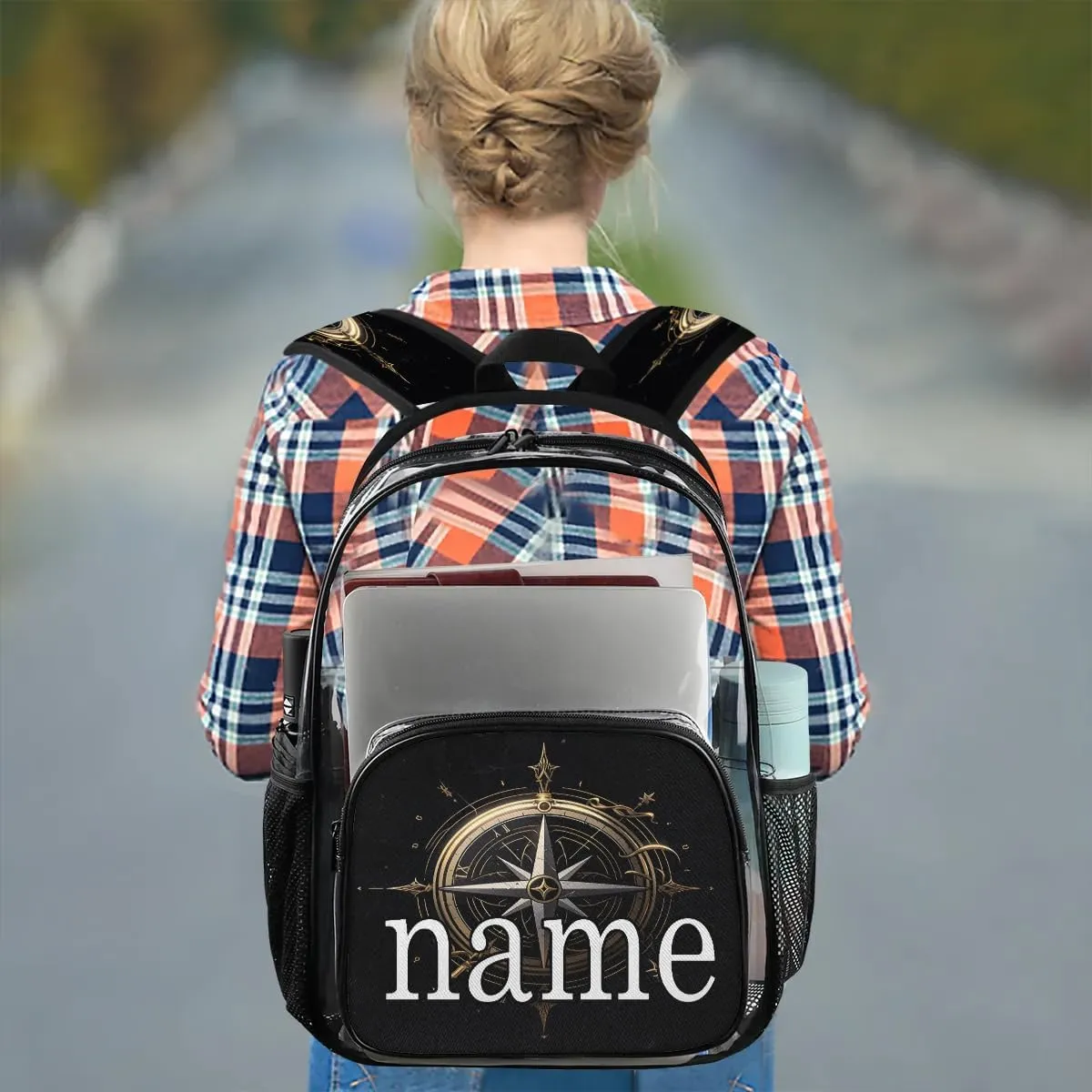 Compass Pattern Personalized Clear Backpack Custom Waterproof PVC Transparent Backpack with Name Heavy Duty Transparent Bag for Work Travel Concerts