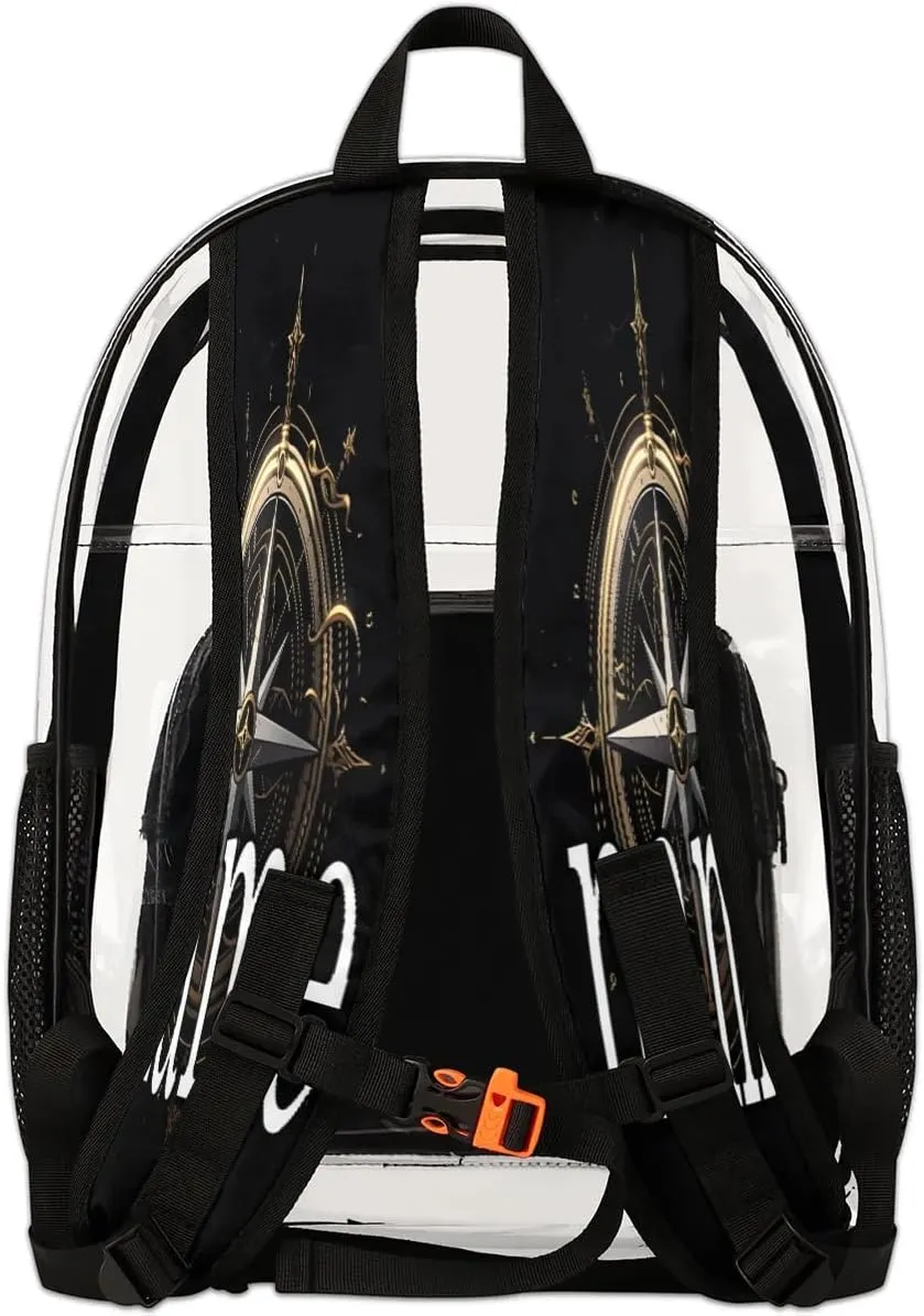 Compass Pattern Personalized Clear Backpack Custom Waterproof PVC Transparent Backpack with Name Heavy Duty Transparent Bag for Work Travel Concerts