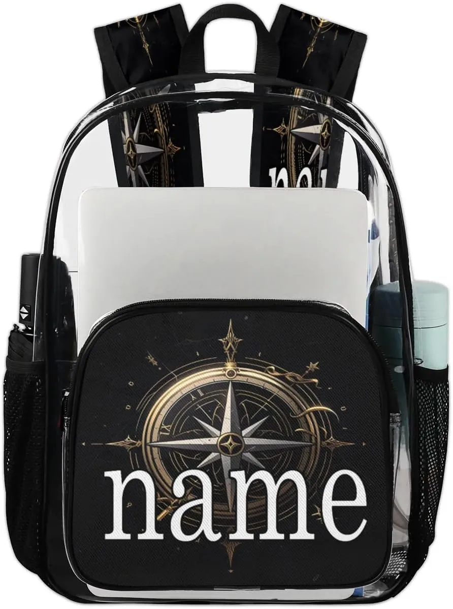 Compass Pattern Personalized Clear Backpack Custom Waterproof PVC Transparent Backpack with Name Heavy Duty Transparent Bag for Work Travel Concerts