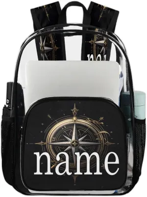 Compass Pattern Personalized Clear Backpack Custom Waterproof PVC Transparent Backpack with Name Heavy Duty Transparent Bag for Work Travel Concerts