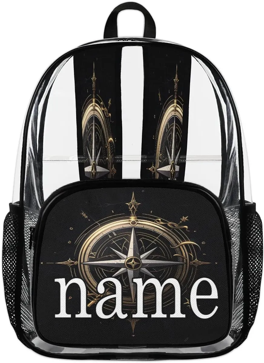 Compass Pattern Personalized Clear Backpack Custom Waterproof PVC Transparent Backpack with Name Heavy Duty Transparent Bag for Work Travel Concerts