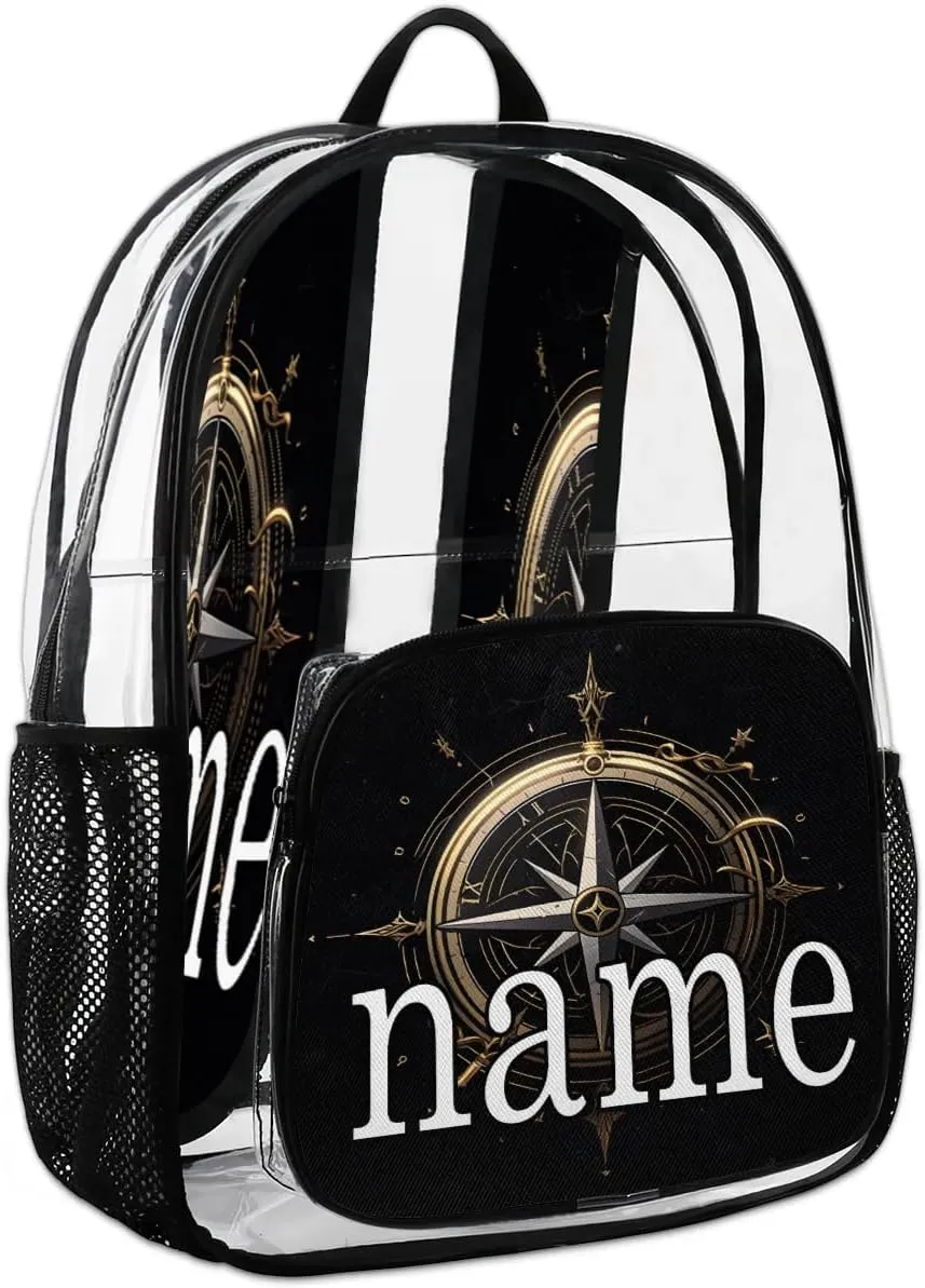Compass Pattern Personalized Clear Backpack Custom Waterproof PVC Transparent Backpack with Name Heavy Duty Transparent Bag for Work Travel Concerts