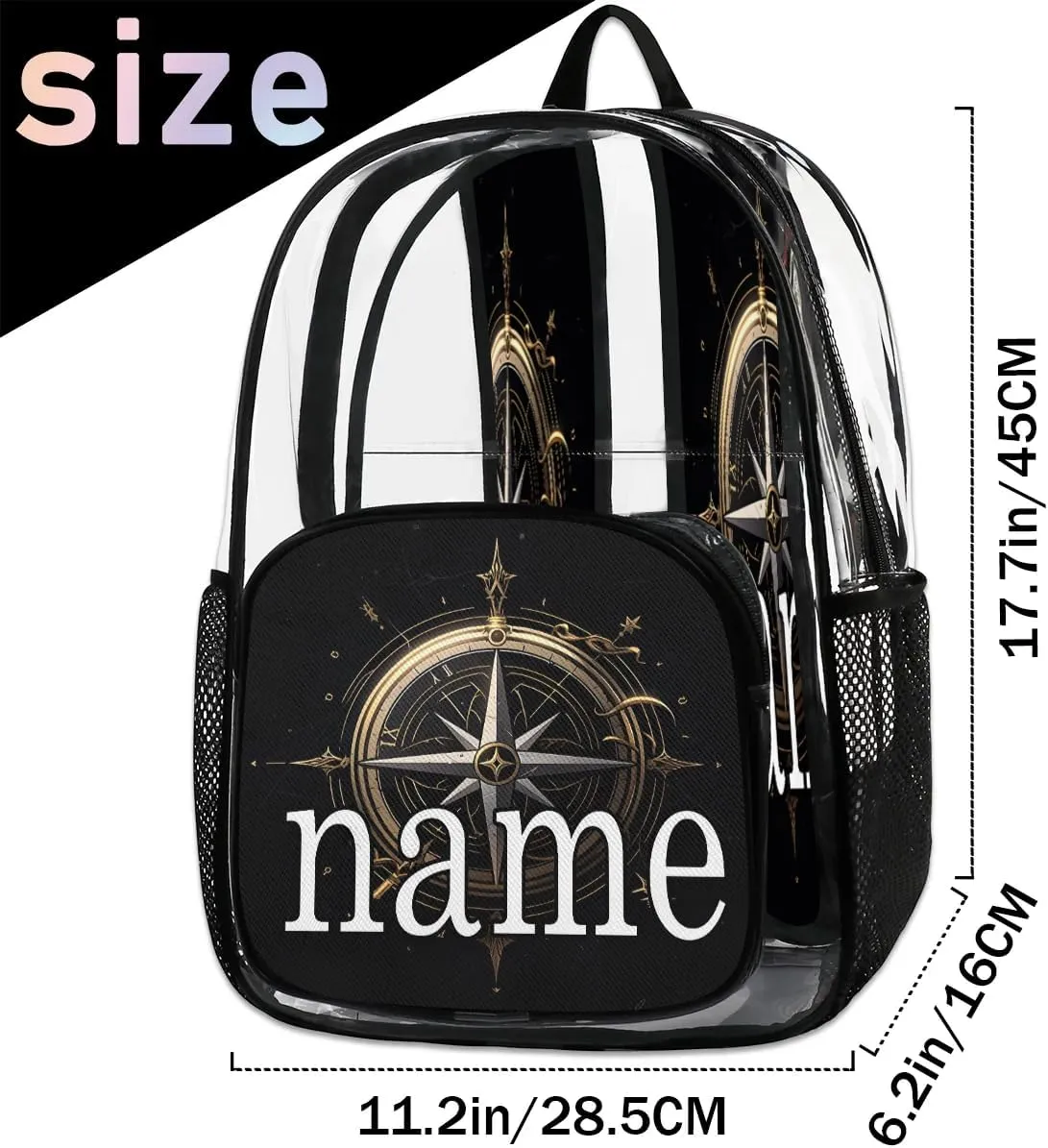Compass Pattern Personalized Clear Backpack Custom Waterproof PVC Transparent Backpack with Name Heavy Duty Transparent Bag for Work Travel Concerts