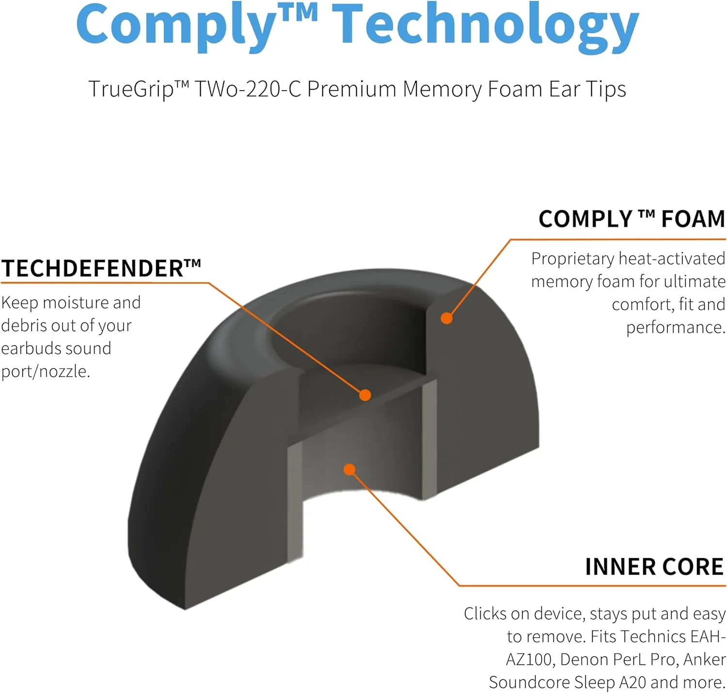 Comply TWo-220-C | Memory Foam Replacement Earbud Tips for Technics EAH-AZ100, Denon PerL Pro, Soundcore, CMF & More | Ultimate Comfort, Secure Fit, Superior Noise Isolation | Black, Medium (3 Pairs)