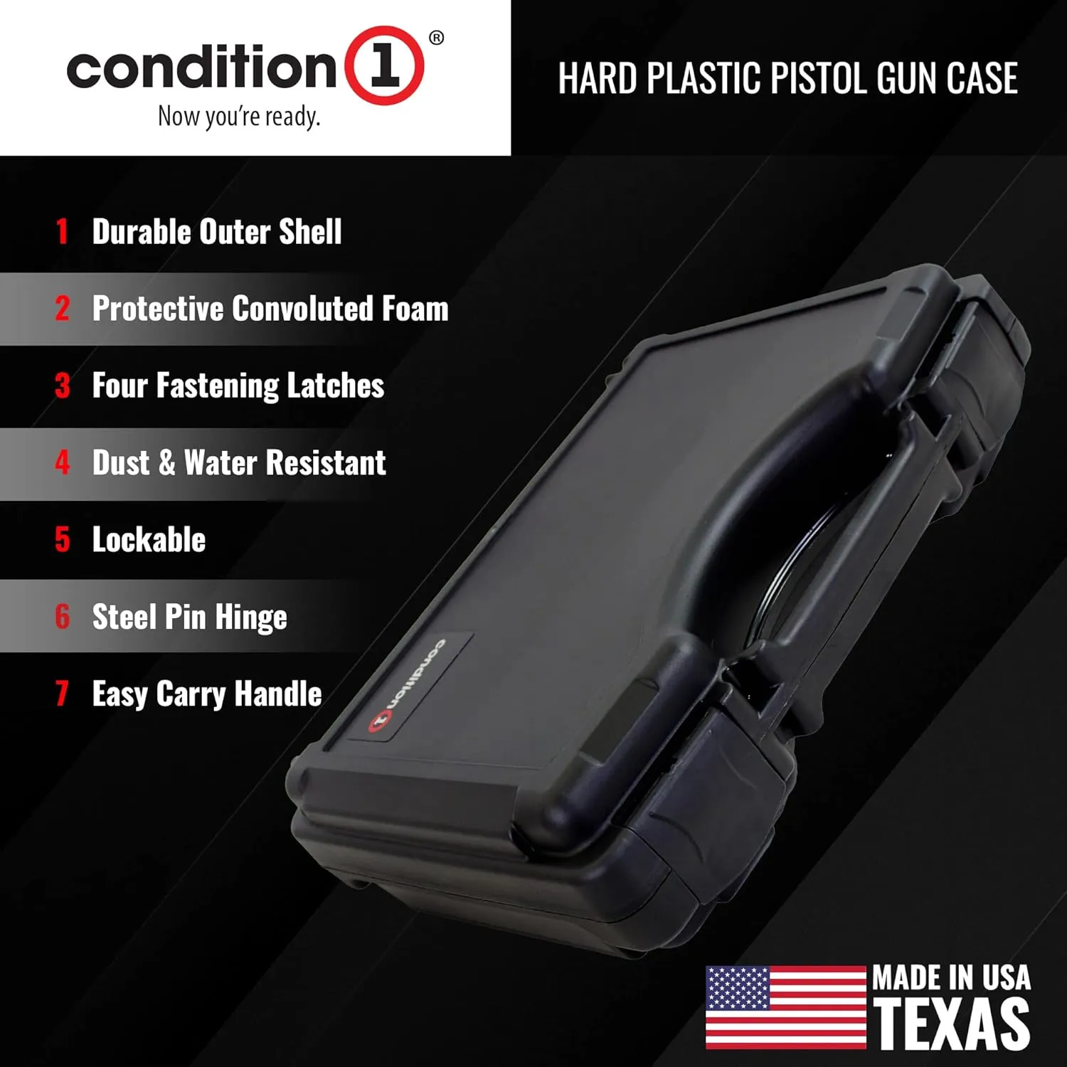 Condition 1 14" Economy Plastic Hard Case Model 1763 for Handgun, Revolver, Firearm, Pistol Lockable Protective Travel Storage Case, Made in USA, 14"x10.32"x3.57"