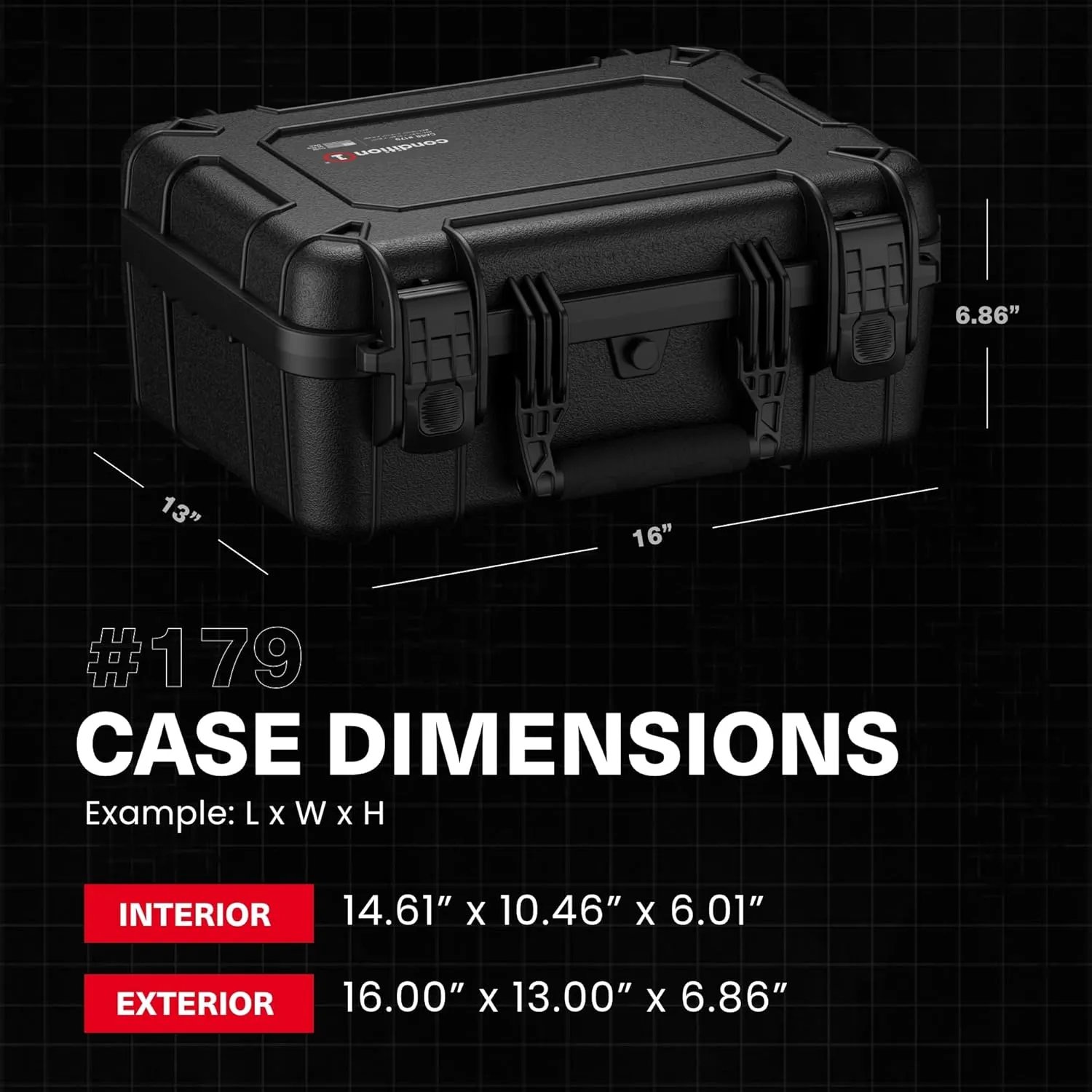 Condition 1 16" Medium Waterproof Hard Gun Case, Model 179, 4 Pistol Slots 12 Mags, TSA Approved Lockable Firearm Storage Case, IP67 Waterproof, Made in USA, 16"x13"x6.86"