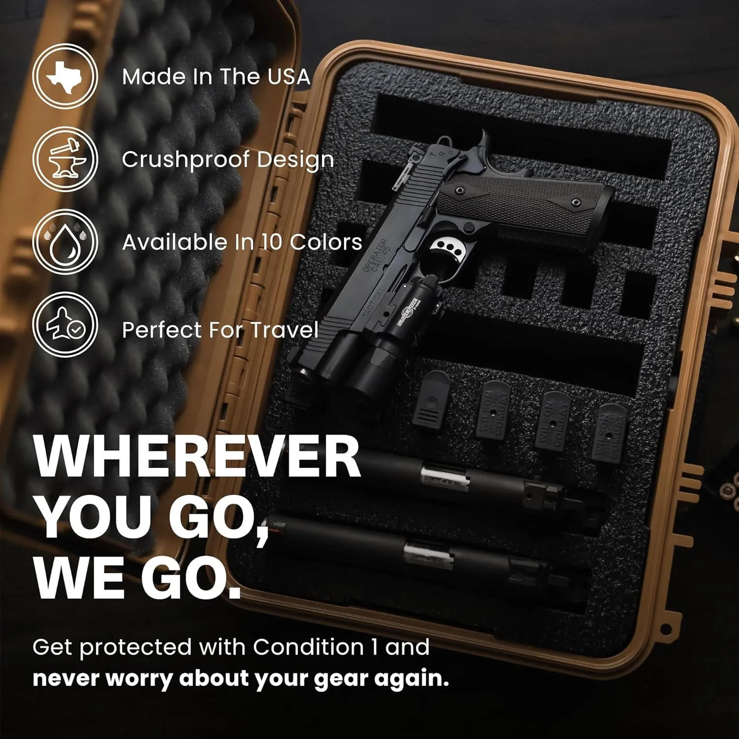 Condition 1 16" Medium Waterproof Hard Gun Case, Model 179, 4 Pistol Slots 12 Mags, TSA Approved Lockable Firearm Storage Case, IP67 Waterproof, Made in USA, 16"x13"x6.86"
