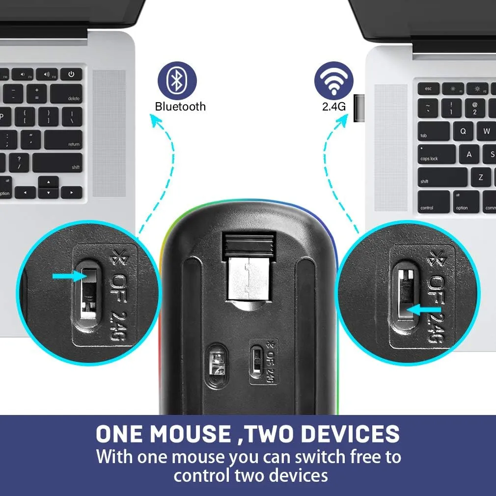 COO Wireless Mouse, LED Slim Dual Mode(Bluetooth 5.1 and 2.4G Wireless) Rechargeable Led Wireless Mouse with 3 Adjustable DPI for iPad OS 13, MacBook, Laptop, Mac OS 10.10