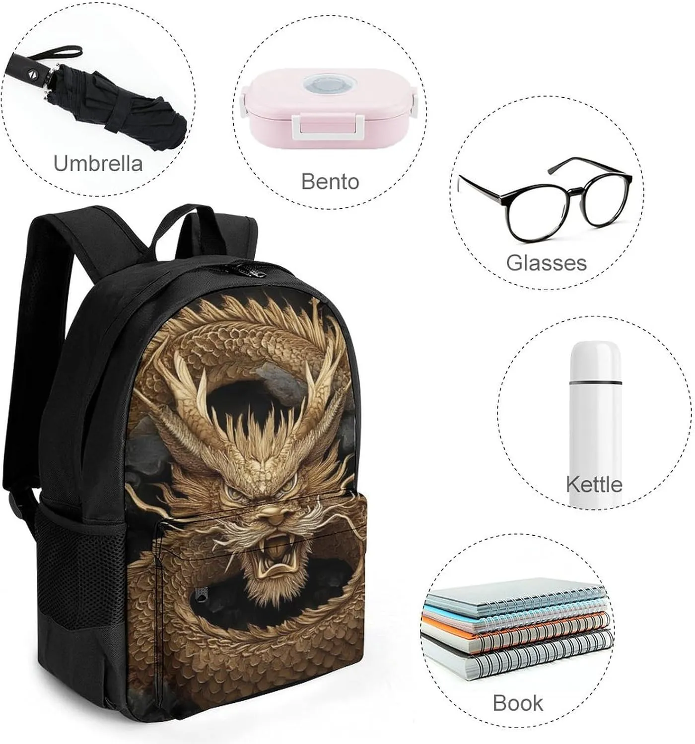 Cool Chinese Dragon King Rucksacks Lightweight Multipurpose Anti-Theft Shoulder Bag Big Capacity Traveling & Camping Backpack With Side Pockets